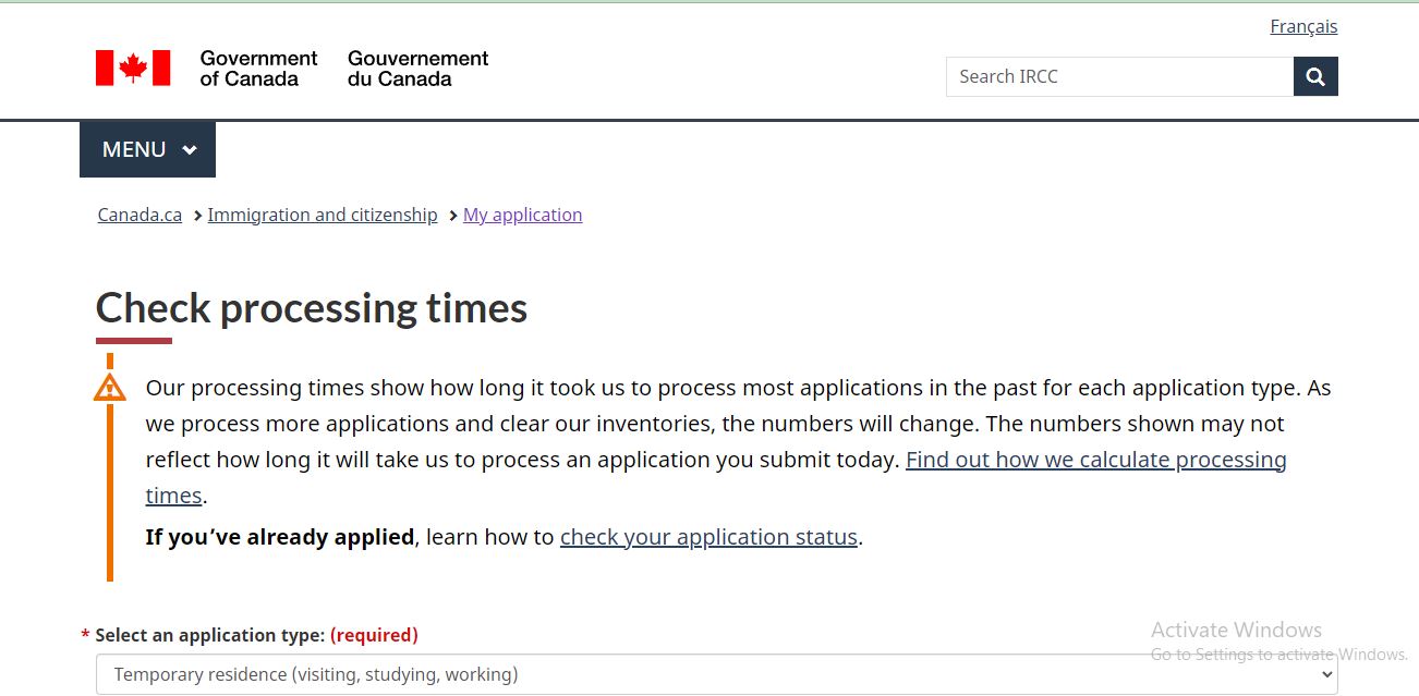 Canada Visa Processing Time: A picture showing landing page to check Canada visa processing time.