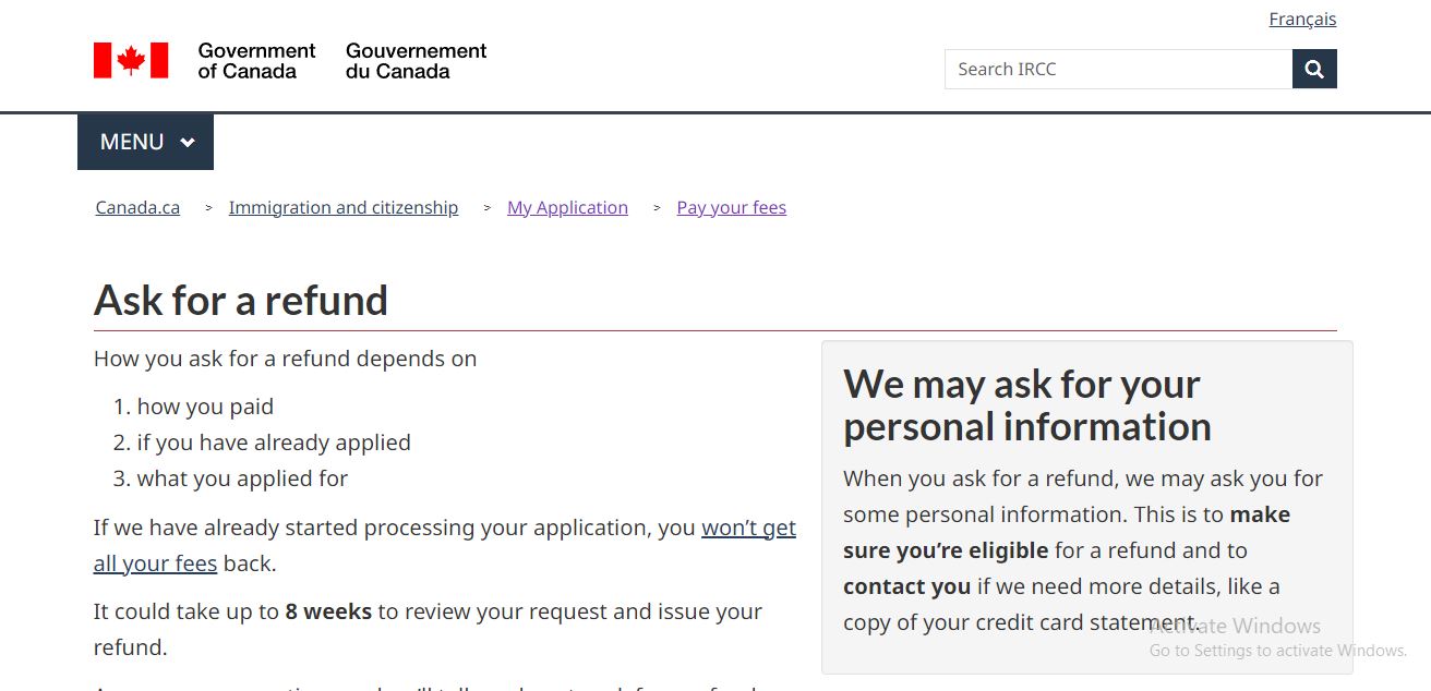 Canada Visa Fees: A picture showing page on how to seek for refund.