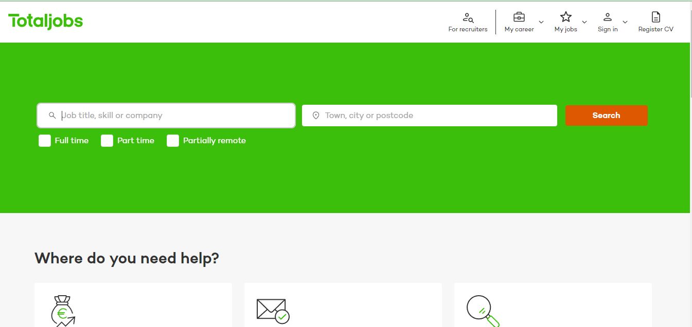 Unskilled Jobs You Can Do in the UK: A picture showing landing page Totaljobs platform for unskilled jobs search.