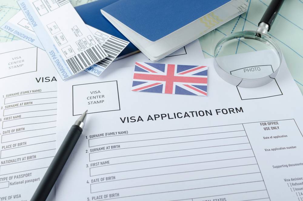 UK Visitor Visa Application: A picture showing Visa application form, passports, tickets, UK flag, magnifying glass on the world map