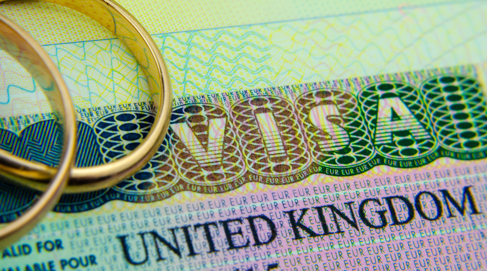 UK Spouse Visa vs Unmarried Partner Visa:UK entry visa sticker in a passport and the rings placed on top. Concept for Partner and Spouse visa UK.