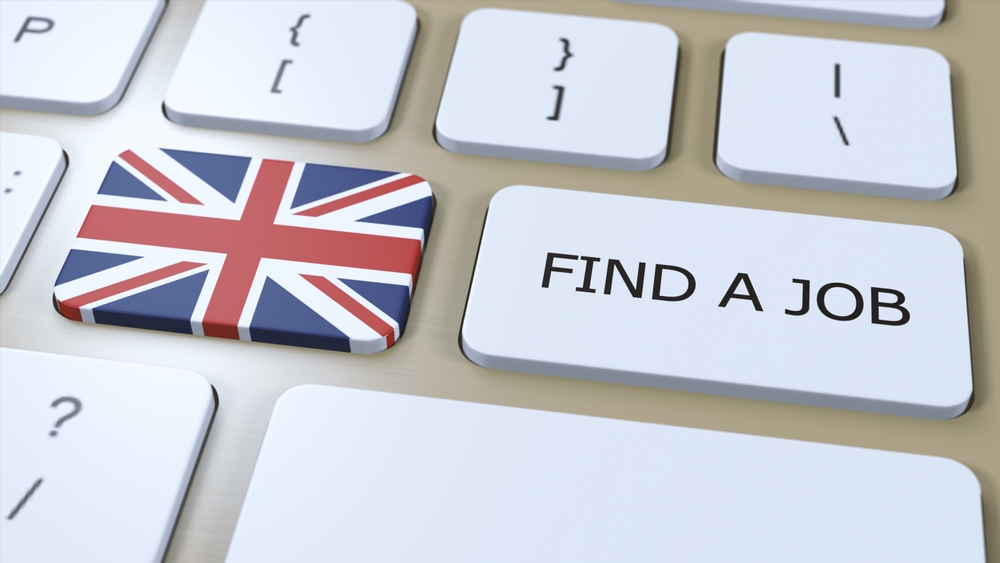 10 Secrets to a Successful Job Hunt in the UK: UK United Kingdom National Flag with Text. Find a Job in Country Concept. 3D Illustration.